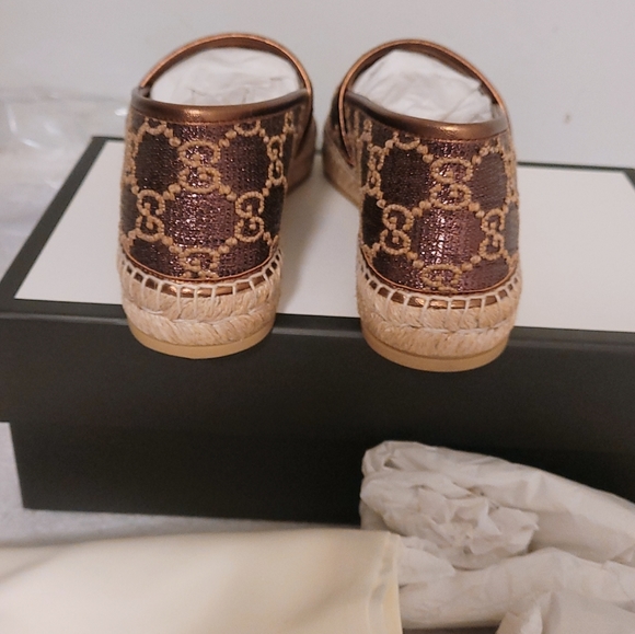 Authentic Gucci Women GG Lamé Espadrille Shoes In Brown - Picture 10 of 13